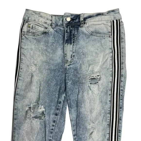 Claudia Rabelo Jeans Womens 28 Acid Distressed Straight Leg Denim Side Stripes - Picture 2 of 15
